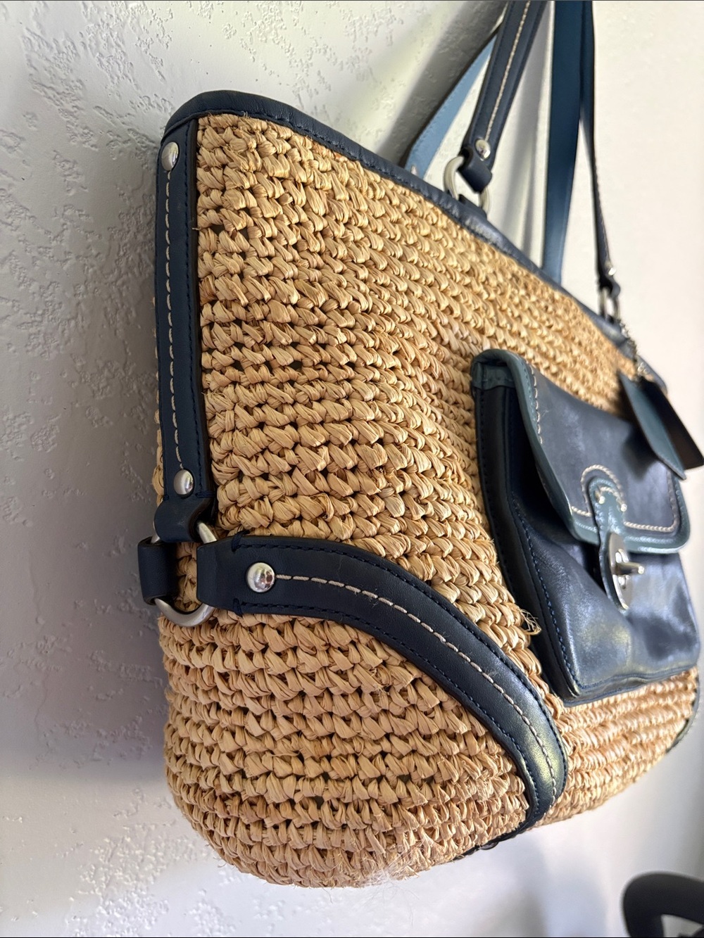 Coach Legacy Raffia natural/navy Straw leather pocket tote bag - Picture 11 of 15